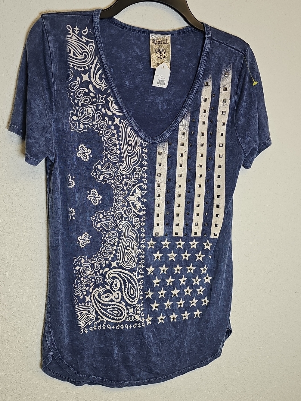 Vocal Navy Blue Short Sleeve V-Neck Bandana Flag Tee